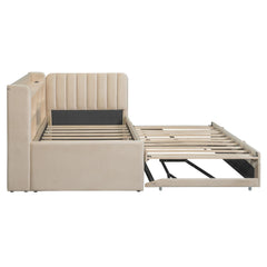 Bellemave® Twin Size Upholstered Daybed with Trundle, Storage Shelves, USB & Outlet