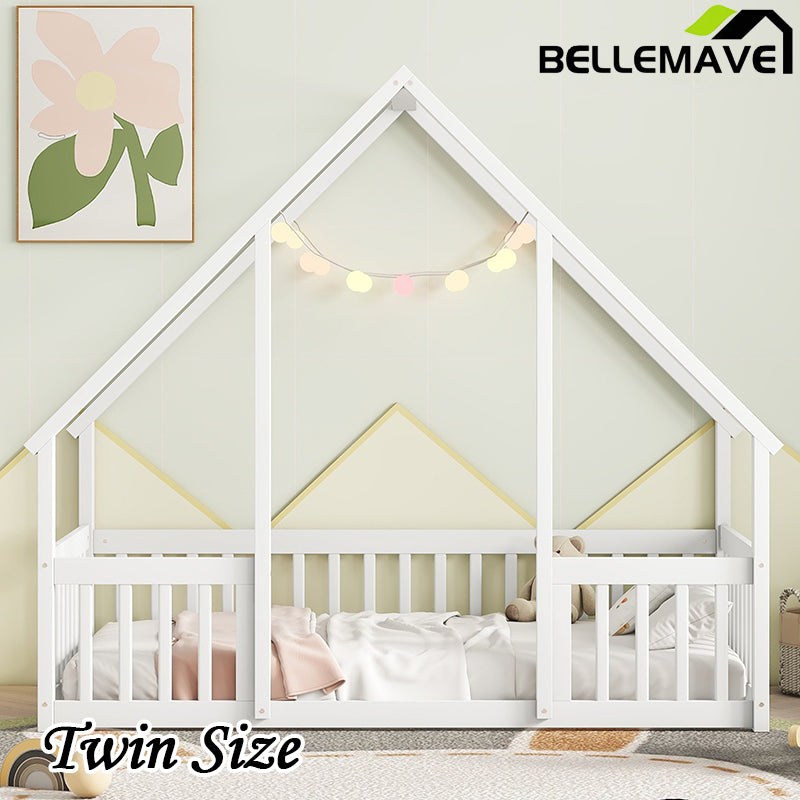 Bellemave® Wood House-Shaped Floor Bed with Fence and Guardrails