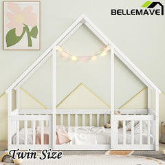 Bellemave® Wood House-Shaped Floor Bed with Fence and Guardrails