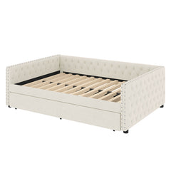 Bellemave® Full Size Upholstered Tufted Daybed with Twin Trundle, Button & Copper Nail on Square Arms