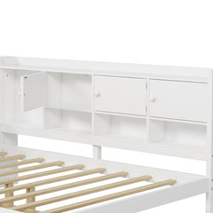 Bellemave® Wooden L-Shape Daybed with Seven Storage Cabinets and Two Storage Drawers, Study Desk and Built-in Bookshelf