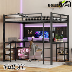 Bellemave® Metal Loft Bed with Desk and Shelves, Ladder and Guardrails