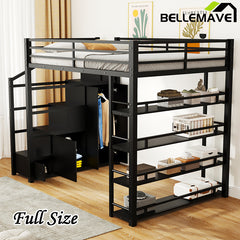 Bellemave® Full Size Metal Loft Bed with Storage Shelves, Cabinets and Wardrobe