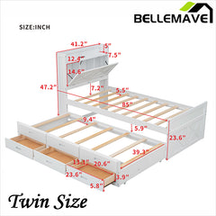 Bellemave® Wooden Platform Bed with Storage Headboard with Outlets, Twin Size Trundle with Three Storage Drawers