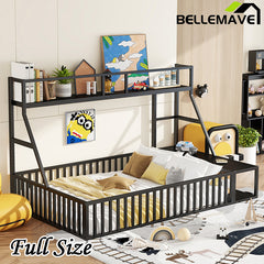 Bellemave® Metal Floor Bed with Safety Fence, Desk and Storage Shelves