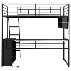 Bellemave® Metal Loft Bed with LED, Desk and 4 Storage Shelves