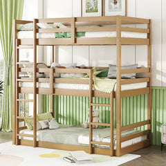 Bellemave® Twin over Twin over Twin Rubber Wood Triple Bunk Bed with Ladders and Guardrails(Detachable)