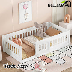 Bellemave® Solid Wood Floor Bed with Slats, Heightened Safety Guardrails and Door