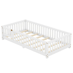 Bellemave® Twin Size Montessori Floor Bed with Safety Guardrails and Door