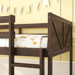 Bellemave® Twin Size Solid Rubber Wood Floor Bunk Bed with Panelled Headboard and Footboard,&nbsp; Safety Guardrails and Built-in ladder