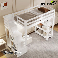Bellemave® Wooden Loft Bed with Shelves, Storage Staircase, Small Wardrobe and White LED Light