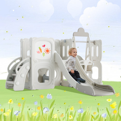 Bellemave 5 in 1 T oddler Slide and Swing Set, Kids Playground Climber Slide Playset with Drawing Whiteboard, Freestanding Combination