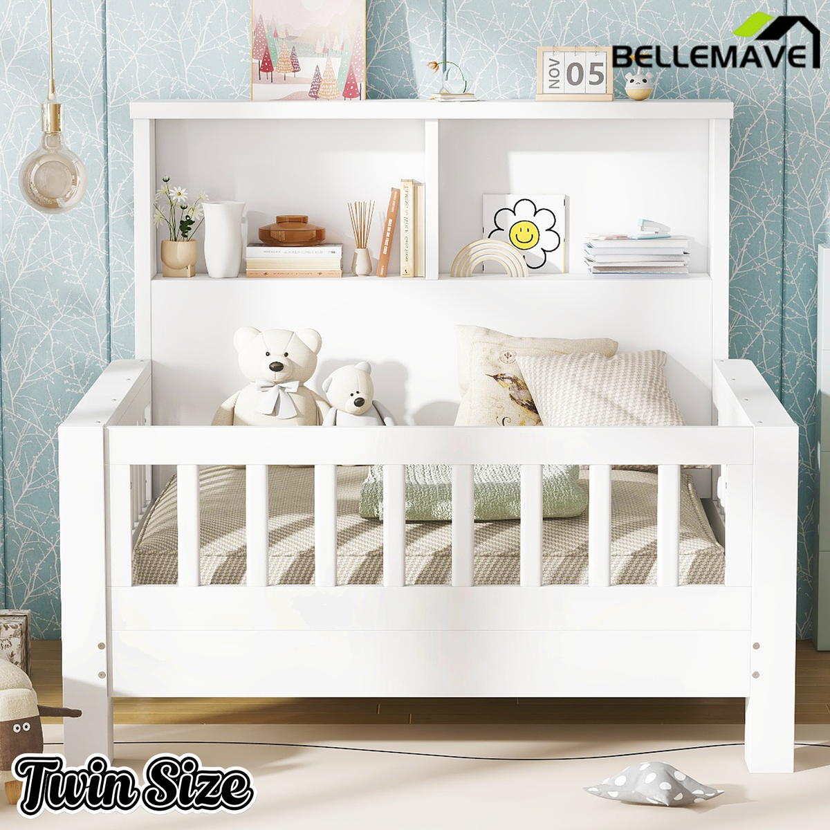 Bellemave® Twin Size Platform Bed Frame with Storage Headboard and Removable Footboard, Pull-Out Design, Twin Size Wood Bed Frame with Rails on Both Sides Bellemave®