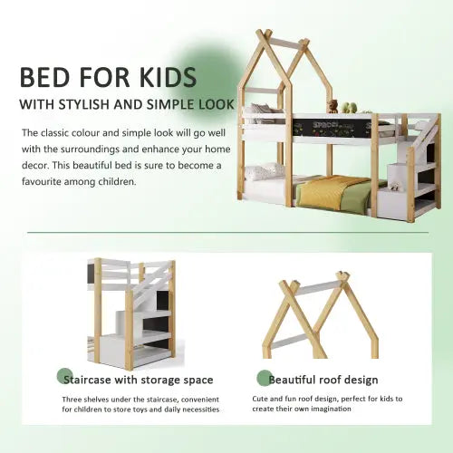 Bellemave® Twin Size Floor House Bunk Bed with Storage Staircase and Blackboard Bellemave®