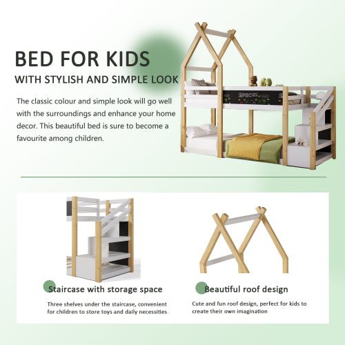 Bellemave Twin Size House Bunk Bed with Storage Staircase and Blackboard