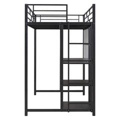 Bellemave® Metal Loft Bed with Desk and Whiteboard, 3 Shelves and Ladder