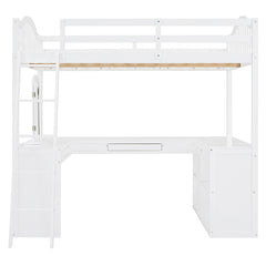 Bellemave® Full Size Wooden Loft Bed with U-shaped Desk,Storage Compartments and Tri-fold Mirror