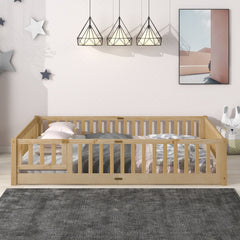 Bellemave® Queen Size Montessori Floor Bed with Fence Guardrails and Door