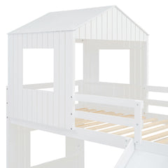 Bellemave® Twin over Full House Bunk Bed with Playhouse, Farmhouse and Ladder, Slide and Guardrails