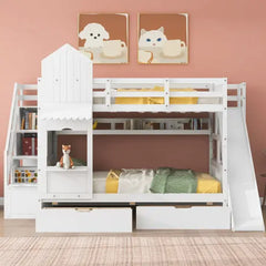 Bellemave® Castle Style Bunk Bed with 2 Drawers 3 Shelves and Slide