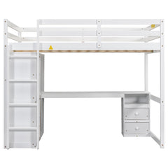 Bellemave® Full Size Loft Bed with Built-in Wardrobe, Desk, Storage Shelves and Drawers