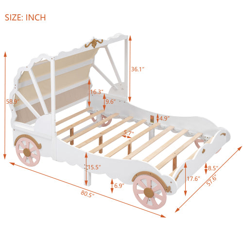 Bellemave Wood Platform Car Bed with 3D Carving Pattern,Princess Carriage Bed with Canopy