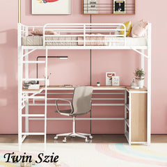 Bellemave® Metal Loft Bed with 3 Layers of Shelves and L-shaped Desk