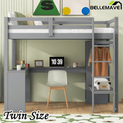 Bellemave® Loft Bed with L-shaped Desk, Wardrobe and Storage Shelves