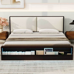 Bellemave® Platform Bed with Upholstered Headboard and Bookshelf in Footboard and LED Light Strips