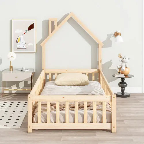 Bellemave House-Shaped Headboard Floor Bed with Fence Bellemave