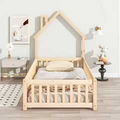 Bellemave House-Shaped Headboard Floor Bed with Fence Bellemave