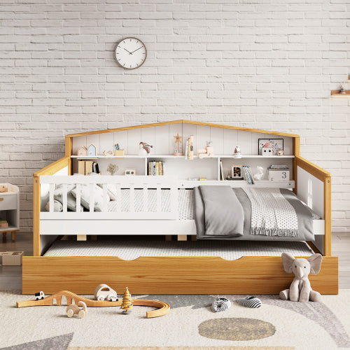 Bellemave® Wooden House Shape Bed with Trundle Bed and Bookcase Headboard