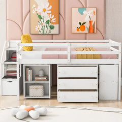 Bellemave® Loft Bed with Retractable Writing Desk and 3 Drawers, Storage Stairs and Shelves Bellemave®