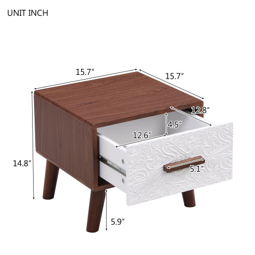 Bellemave® Square End Table with 1 Drawer Adorned with Embossed Patterns, Wood Legs and Handles