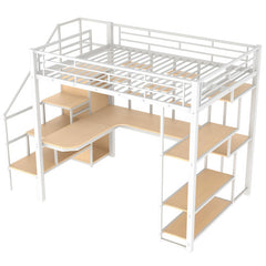 Bellemave® Full Size Metal Loft Bed with Storage Staircase and Small Wardrobe, Built-in Desk and Storage Shelves