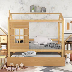 Bellemave® Twin Size Wood House Bed with Trundle Bed