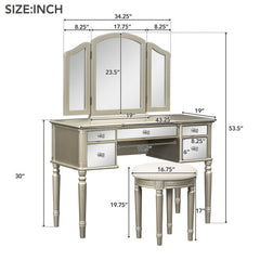 Bellemave® 43" Dressing Table Set with Mirrored Drawers and Stool, Tri-fold Mirror