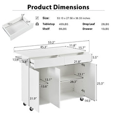 Bellemave® 53.2" Rolling Kitchen Island on Wheels with Adjustable Shelves, Drop Leaf and Spice Rack, Towel Rack and 2 Drawers