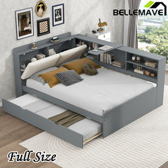 Bellemave® Full Size Wood Daybed with Trundle, Shelves and Storage Headboard