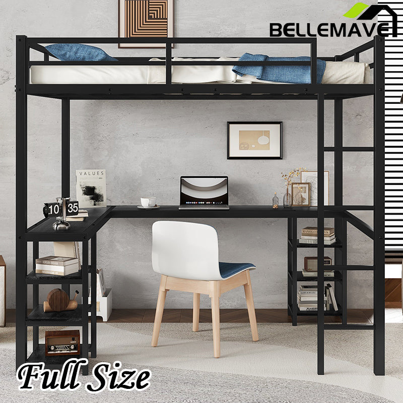 Bellemave® Full Size Metal Loft Bed with Desk and Shelves, Ladder and Guardrails