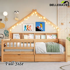 Bellemave® Full Size House Bed with LED Light and Storage Shelves, Drawers and Guardrail
