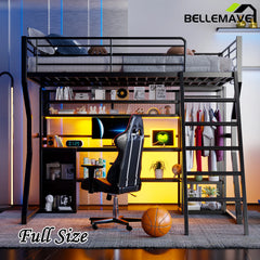 Bellemave® Full Size Metal Gaming Loft Bed with Built-in Work Station, Open Wardrobe, LED and Multiple Storage