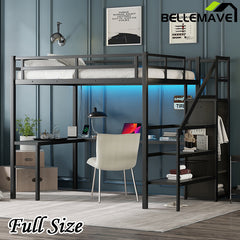 Bellemave® Metal Loft Bed with L-shaped Desk,Wardrobe and Adjustable Shelf