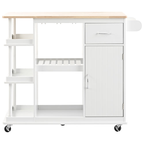 Bellemave 40“ Multipurpose Kitchen Cart Cabinet with Side Storage Shelves and Rubber Wood Top,Adjustable Storage Shelves and 5 Wheels