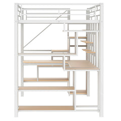 Bellemave® Full Size Metal Loft Bed with Storage Staircase and Small Wardrobe, Built-in Desk and Storage Shelves