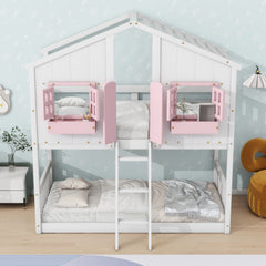 Bellemave® Twin Size House Bunk Bed with Roof and Window,Window Box and Door,Safety Guardrails and Ladder