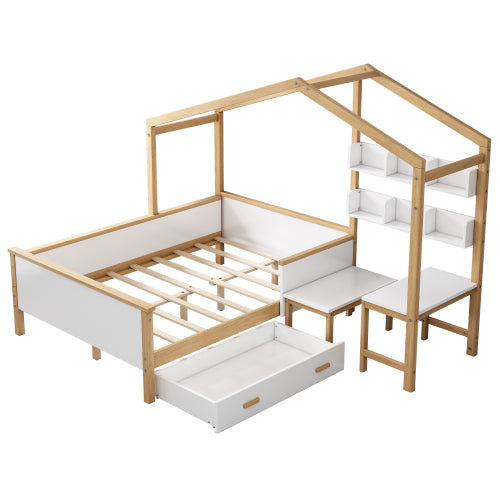 Bellemave® Full Size Wooden House Bed White and Original Wood Color Frame with Drawer
