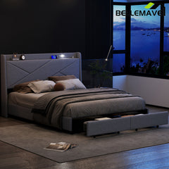 Bellemave® Queen Size Upholstered Platform Bed with Storage Headboard, LED, USB Charging and 2 Drawers