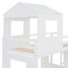 Bellemave® Twin over Full House Bunk Bed with Playhouse, Farmhouse and Ladder, Slide and Guardrails