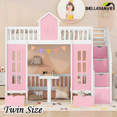 Bellemave® Fun Castle Shaped Bunk Bed Turn into Upper Bed and Down Desk